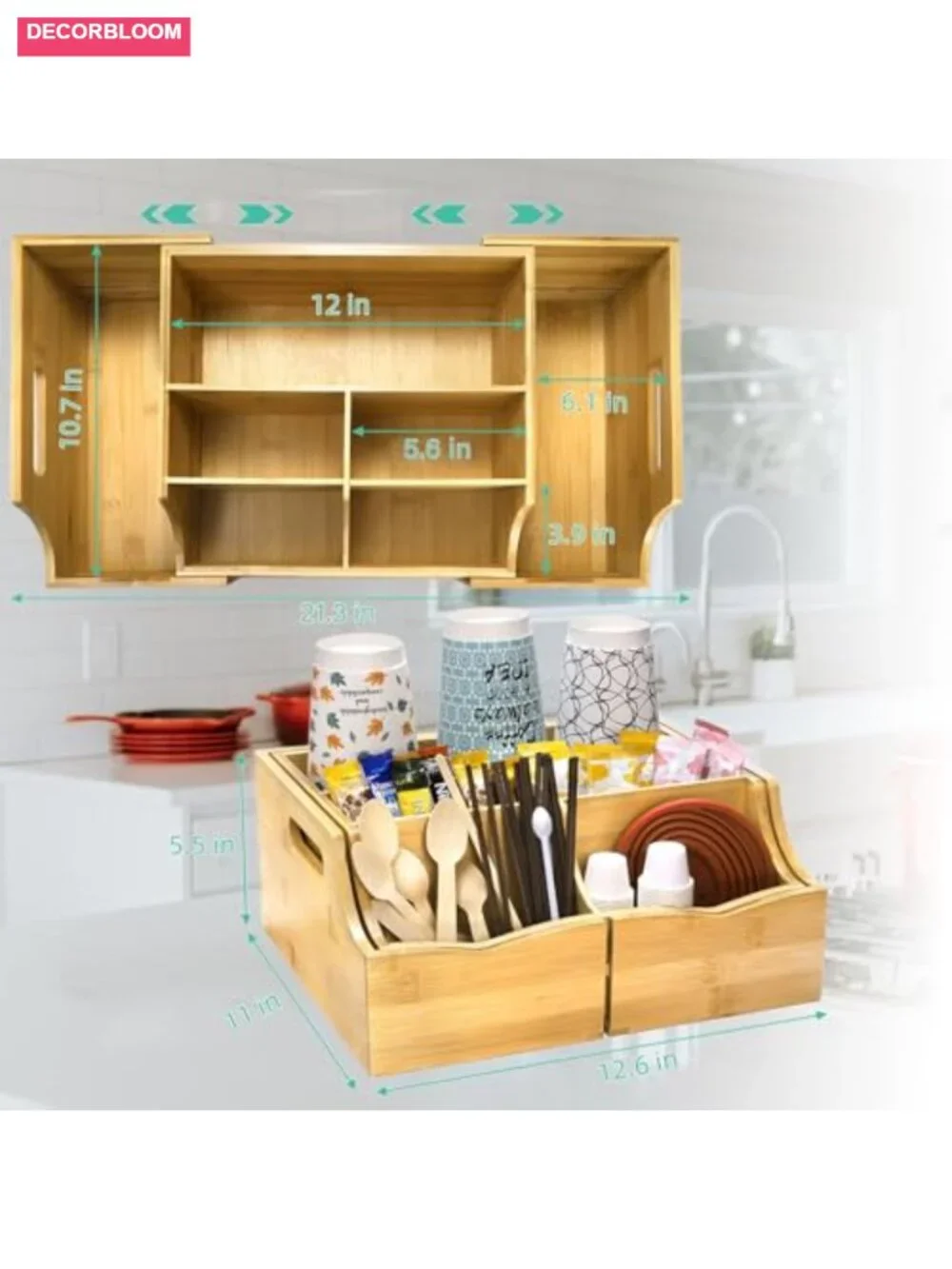 Expandable Bamboo Coffee Station Organizer with 7 Compartments, Countertop